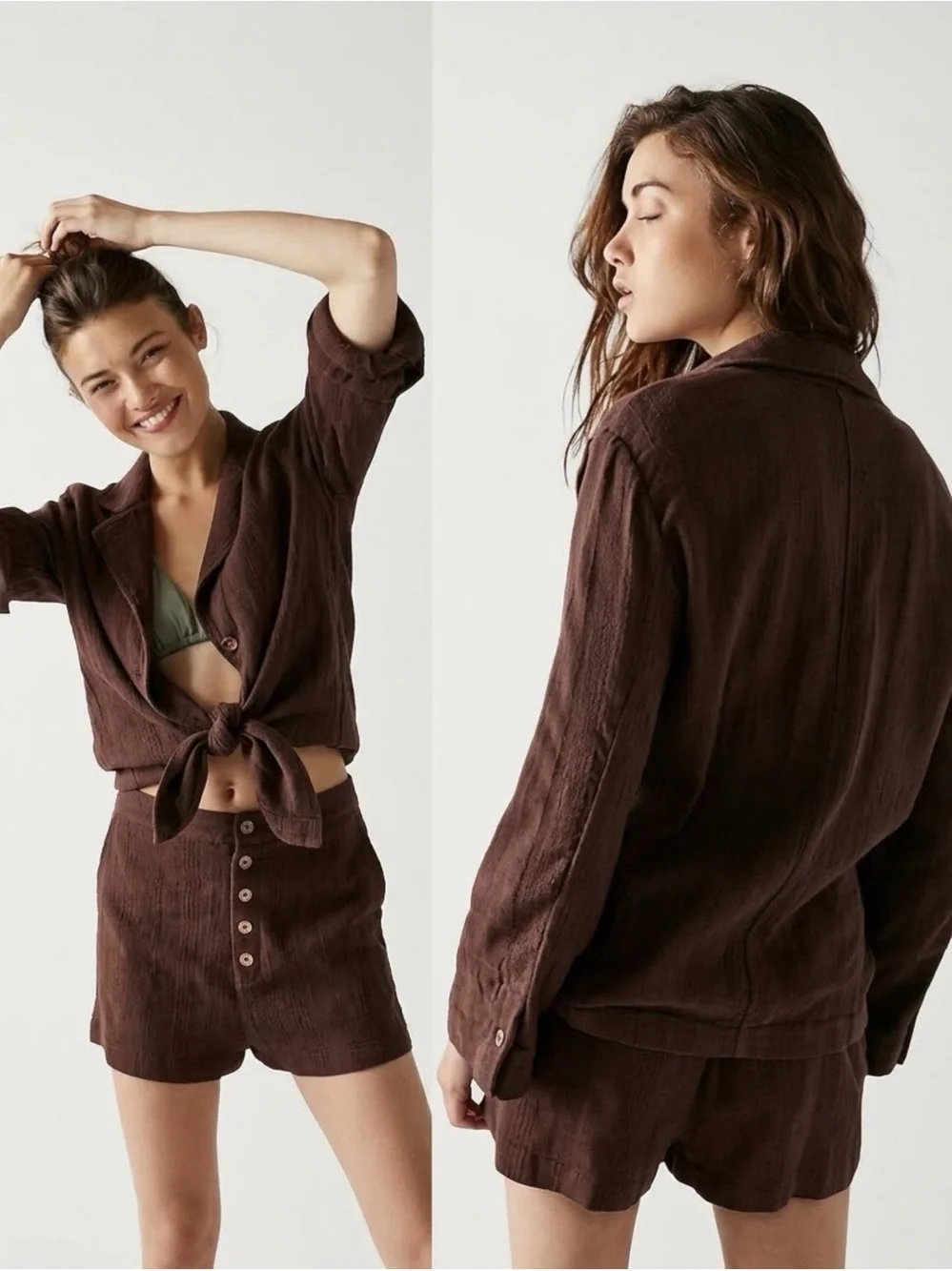 NWT Free People Modern Summer Short Blazer Set M Brown Linen 2pc Vacation Boho